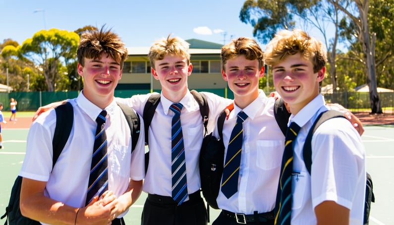 A group if 18 year old Australian high school boys showing leadership skills amongst one another in the school playground or classroom they are all happy with each other and in uniform i want a candid shot