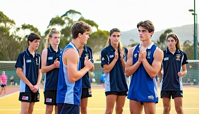 A group of Australian high school students aged 1718 playing sport in PE class they are in teams and one person has to show they are making sacrifices they are all dress in their sport uniform-2