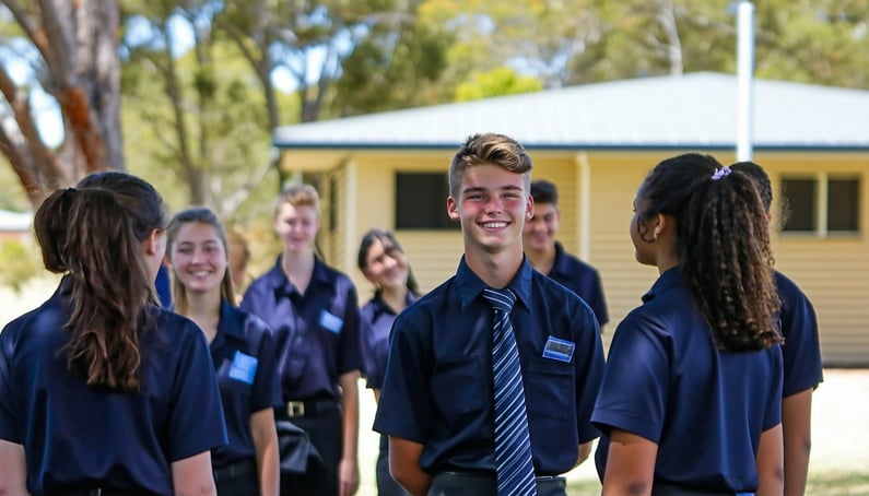 An australian high school student showing charismatic leadership skills towards their peers They ar aged 1718 and are all in uniform-3