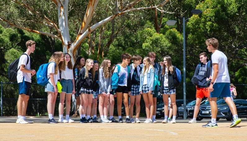 Australian high school students with their peers outside environment these student can be in sport classs on an excursion etc These students are both male and female and are aged 1718 they are doing things that highschool students do i dont want the-1