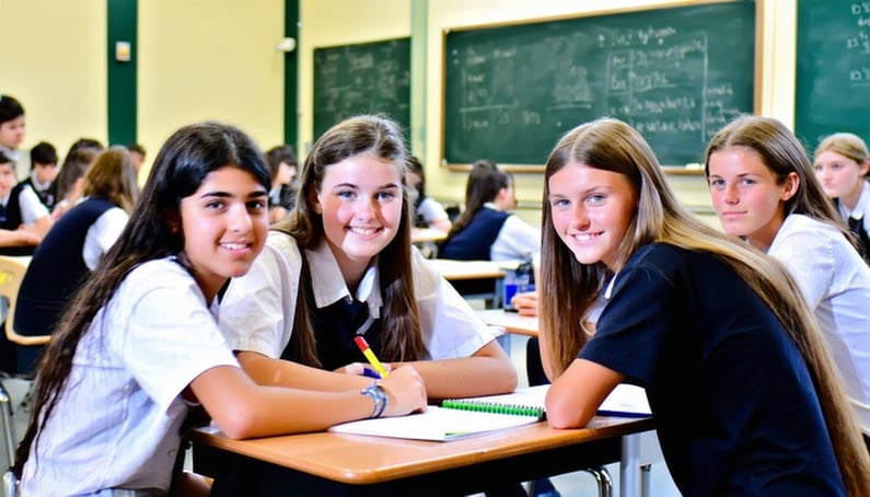 Australian high school students with their peers in the classroom or in the outside environment these student can be in sport classs on an excursion etc These students are both male and female and are aged 1718 they are doing things that highschool s-3