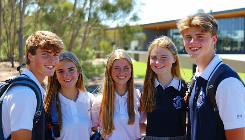 Australian high school students with their peers outside environment these student can be in sport class or on an excursion etc These students are both male and female and are aged 18 they are doing things that highschool students do i want the image-3