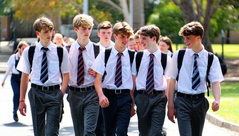 a group of australian high school boys aged 1718 they are all together and showing respect to one another the are walking around school during their lunch break and are all in uniform-2